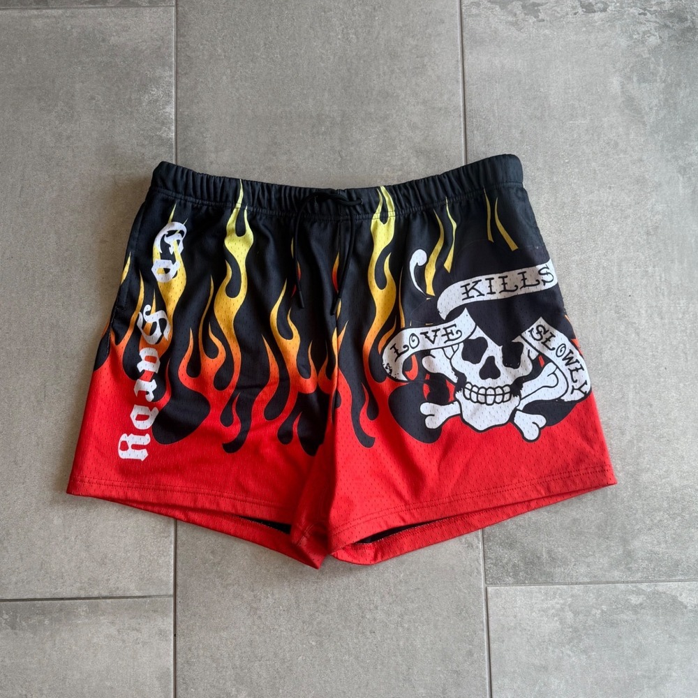 Vintage Ed Hardy Y2K Flame Mesh Shorts Love Kills Slowly Skull Black Red XL